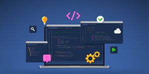 Vector 3D illustration with coding symbols and programming windows
