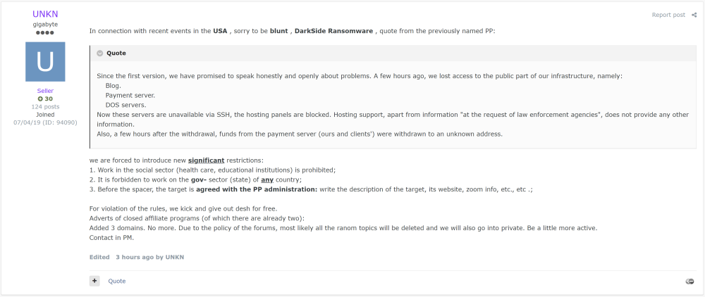 DarkSide Ransomware Takedown